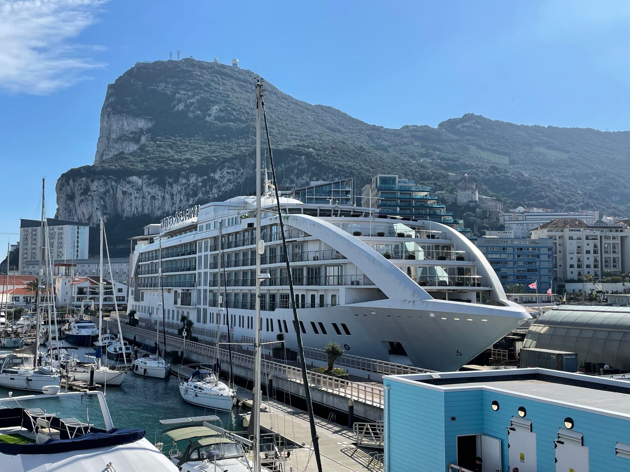 The Sunborn yacht, Marina Bay moorings and the Rock of Gibraltar seen from Caspian 208